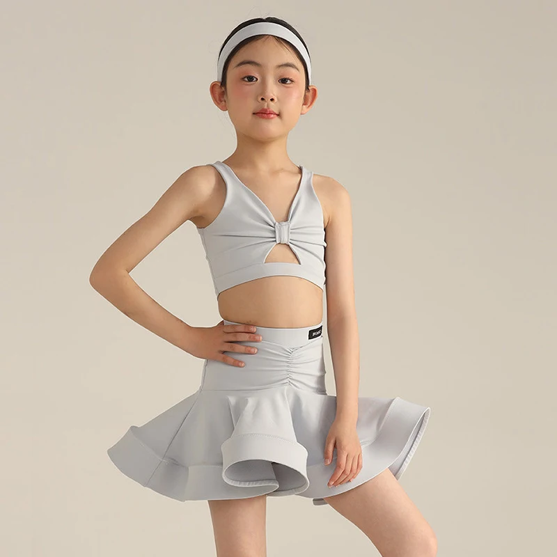 2026 Summer Latin Dance Suit Girl Blue Top Flounce Skirt Children Performance Stage Wear Cha Cha Rumba Dance Practice Set 2685