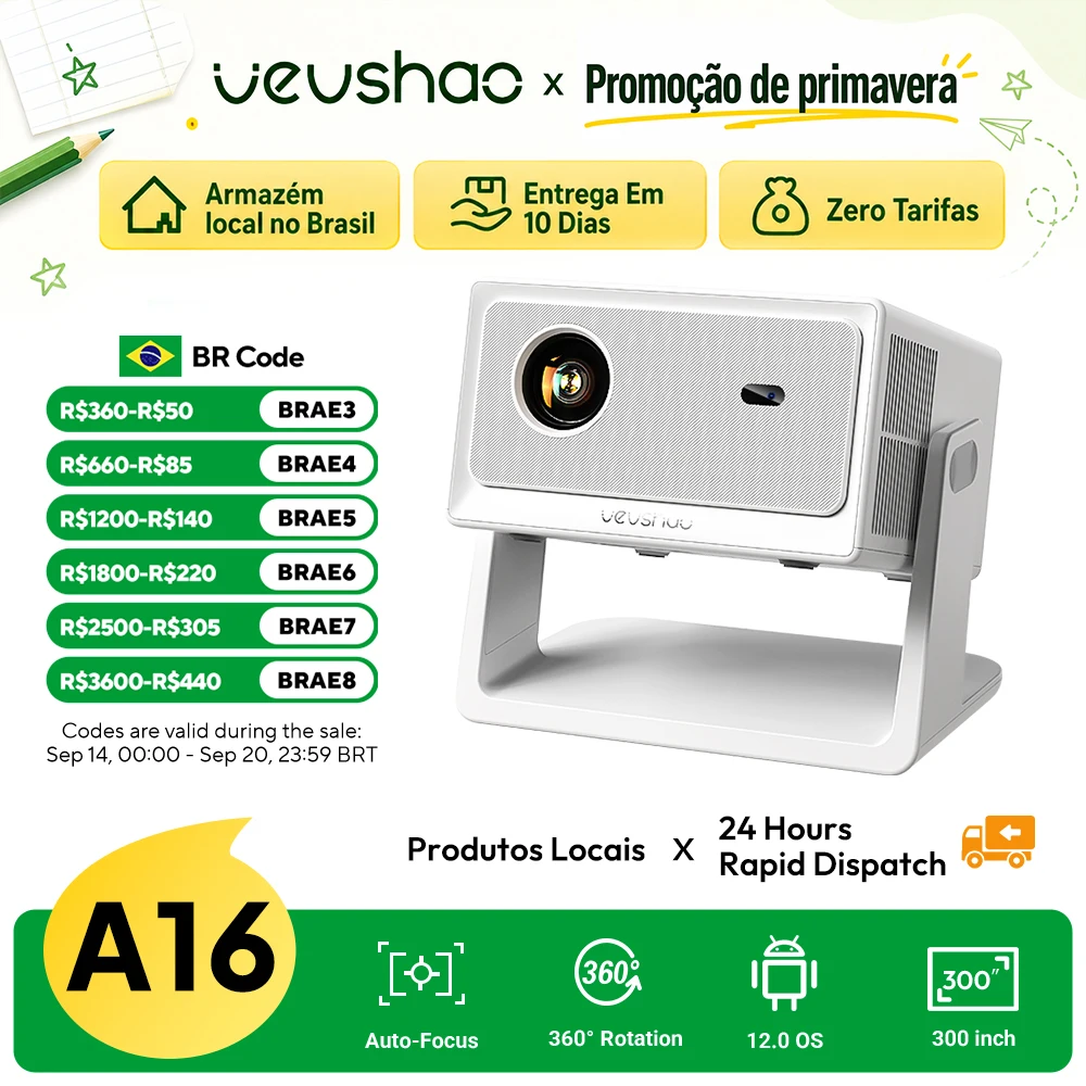 Vevshao a16 projetor portátil foco automático keystone nativo 1080p projetor 4k Android 12 com wifi6 bt5.4 projetor inteligente