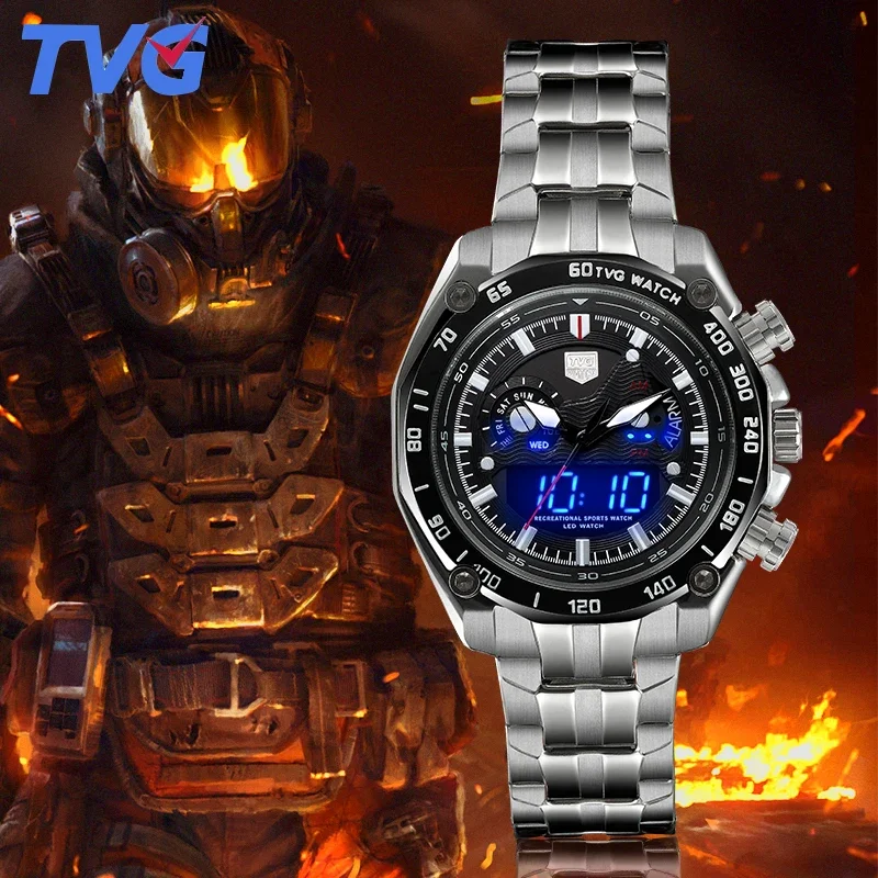 Men Watch Stainless Steel Japan Quartz Wirstwatch Dual Movement LED Display Sport Waterproof 5 BAR Military Male Clock TVG3168