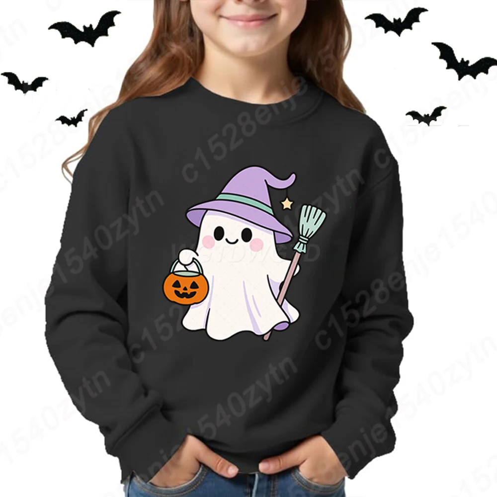 

Toddler Girl Boy Clothes Cute Witch Ghost Holding Pumpkin Halloween Cartoon Sweatshirt Spooky Season Child Girls Boys Sweater
