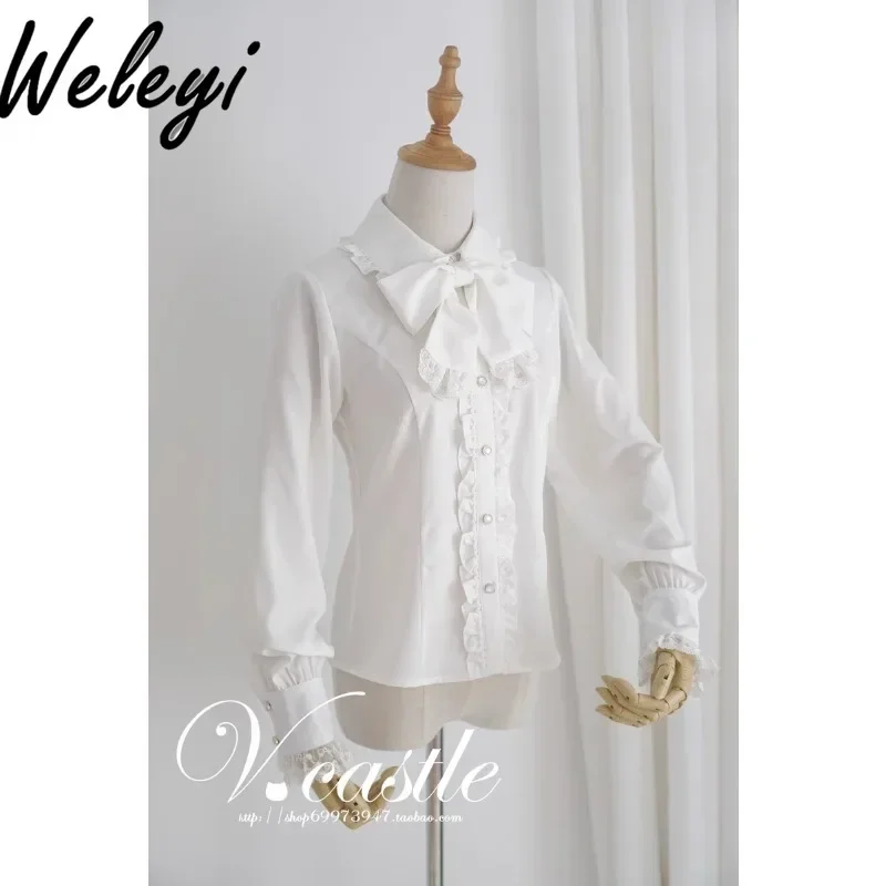 

White Tops Mujer Jirai Kei Lolita Inside,shirt with Bow Camisa Feminina Sweet Elegant Women Long Sleeve Lace Edage Blouse Woman