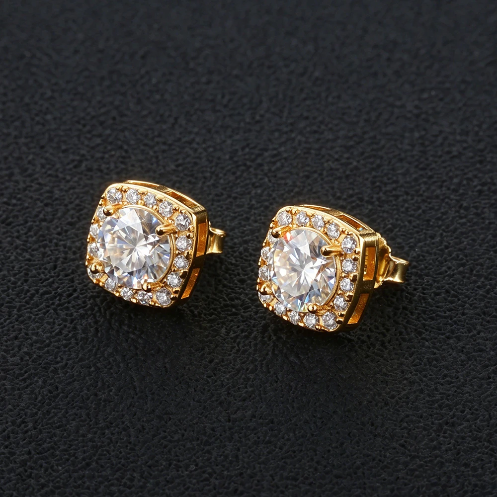 VVS1 Round Moissanite Stud Earrings For Men Women Square Halo Dazzling Ear Studs 925 Sterling Silver Hip Hop Fine Jewelry Gift - view 3