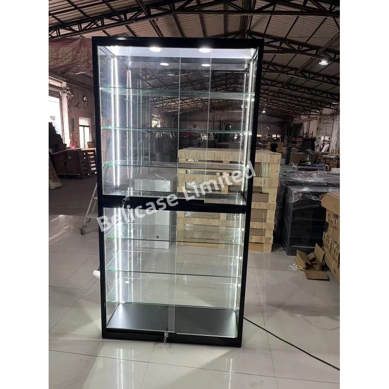 Custom, full aluminum frame display retail shop showcase with glass doors lockable wall showcase cabinet