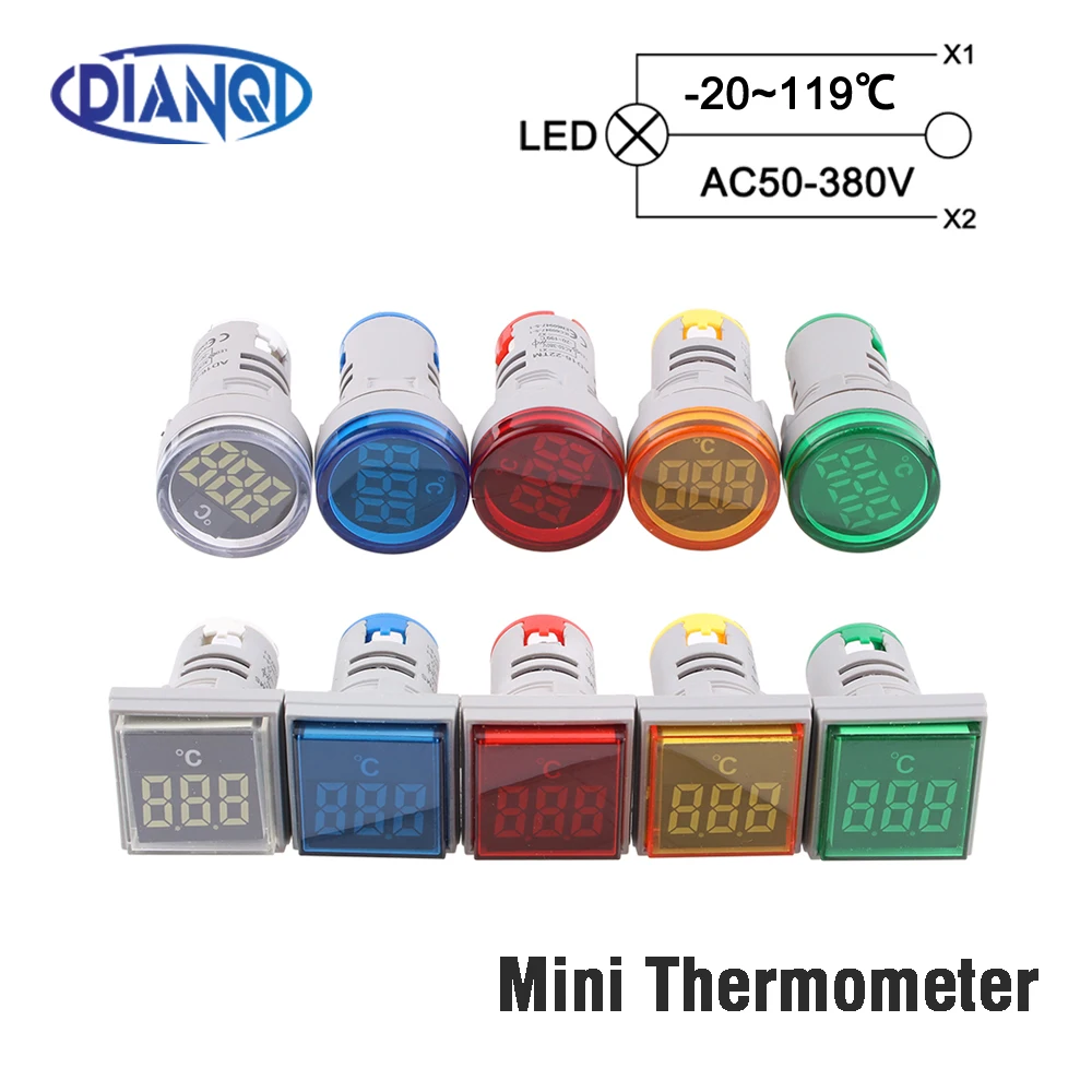 22mm Mini plastic LED digital thermometer -20-119 Celsius 50-380V AC Blue Red White Yellow Green pilot light temperature meter