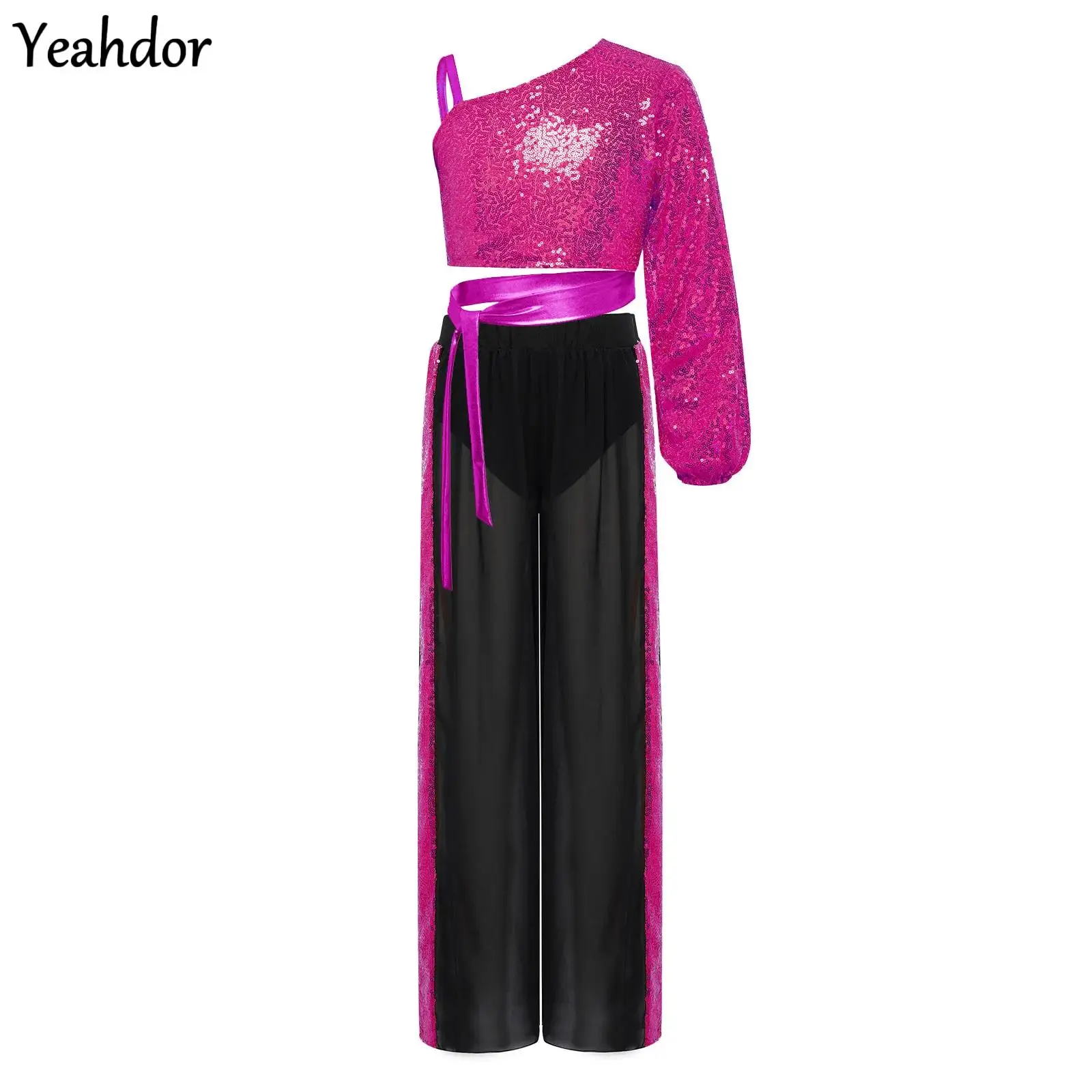 

Girls Sparkly Sequin Ballet Lyrical Dance Outfit One Shoulder Long Sleeve Crop Top And Chiffon Wide-Leg Pants Jazz Dance Costume