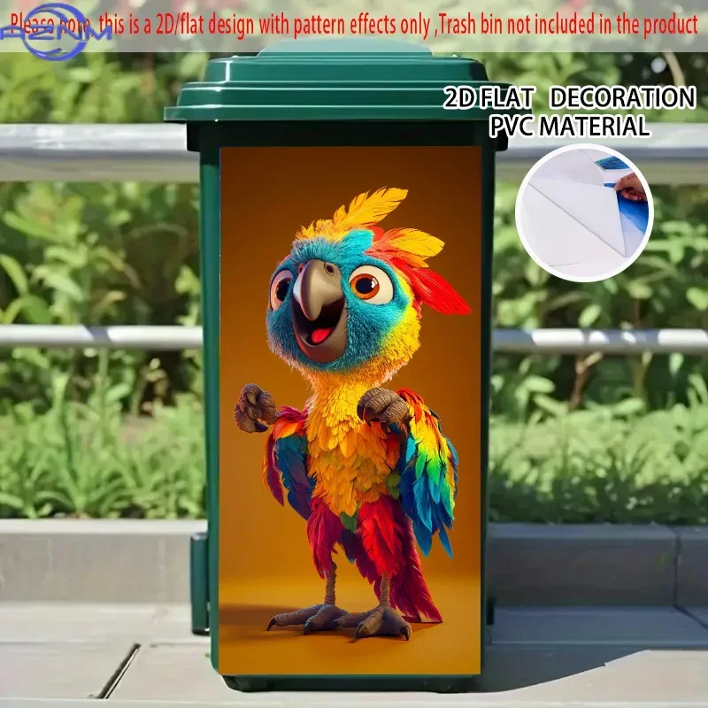 Self-Adhesive Dustbin Sticker - Colorful Feather Cartoon Parrot Design,  PVC Decorative Art Sticker for Trash Cans, Walls, Hom