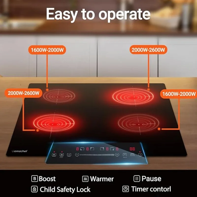 AMZCHEF Electric Cooktop 30 Inch with 4 BOOST Burners Bulid-in Induction Cooktop, 220V-240V/7200W 9 Levels Stove Control