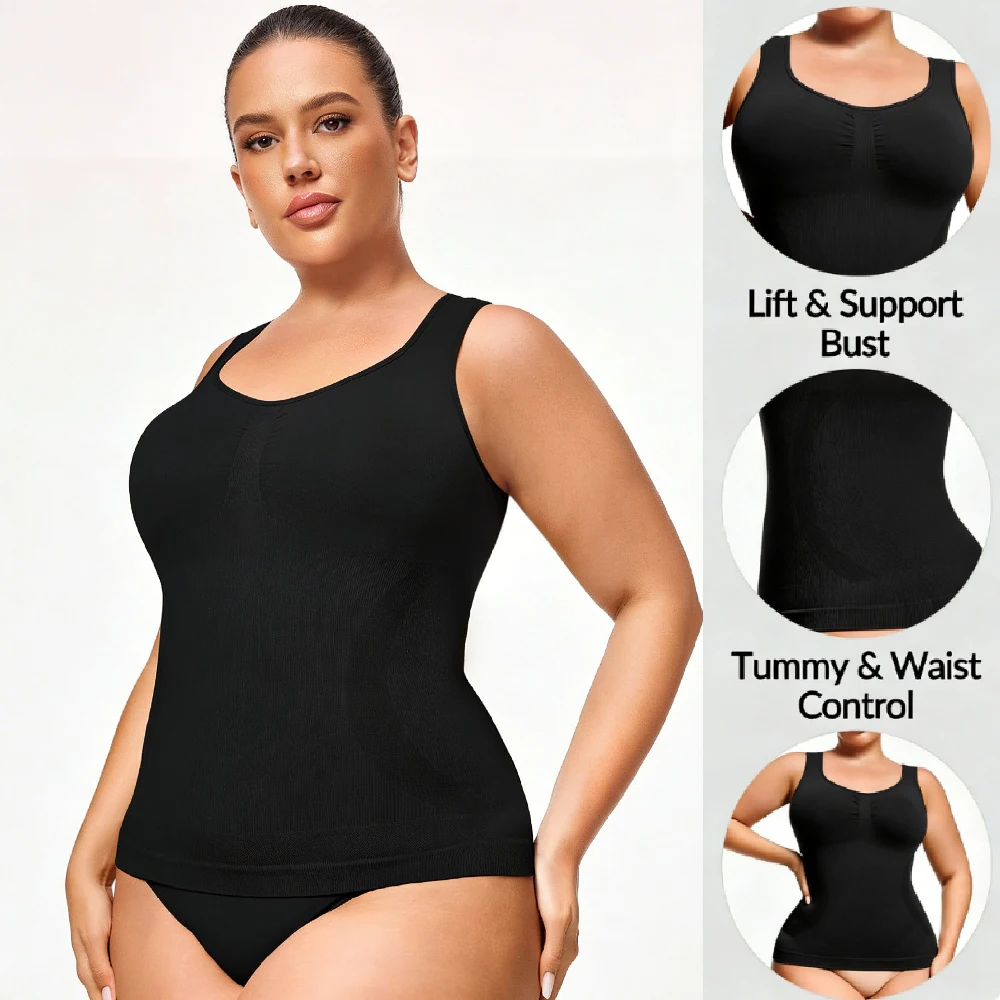 1PCS Crew Neck Seamless Compression Cami Tops,Plus Size Women Tummy Control Tank Top,Slimming Body Shaper Shapewear Undergarment
