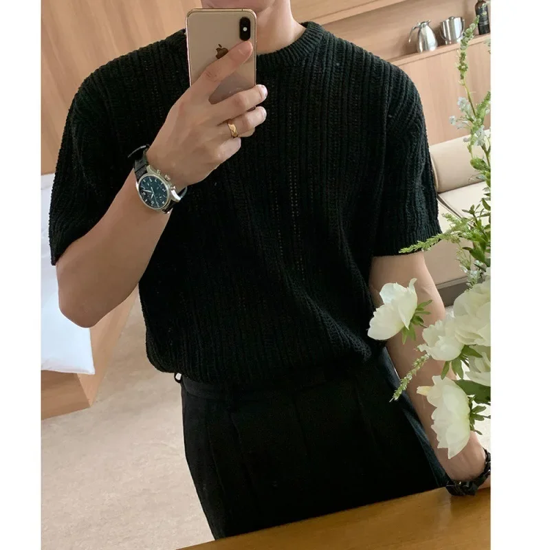 Pop Hollowed Out Knitted Shirts Men's Summer New Fashion O-neck Half Sleeve Korean Style Casual Trendy T-shirts Male Clothes Top