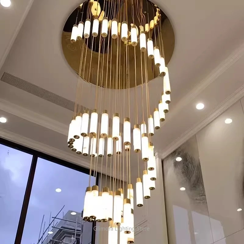 

Staircase Long Pendant Light for Living Room Loft, Chinese Style Solid Brass Marble Chandelier for High Ceiling Spiral Staircase