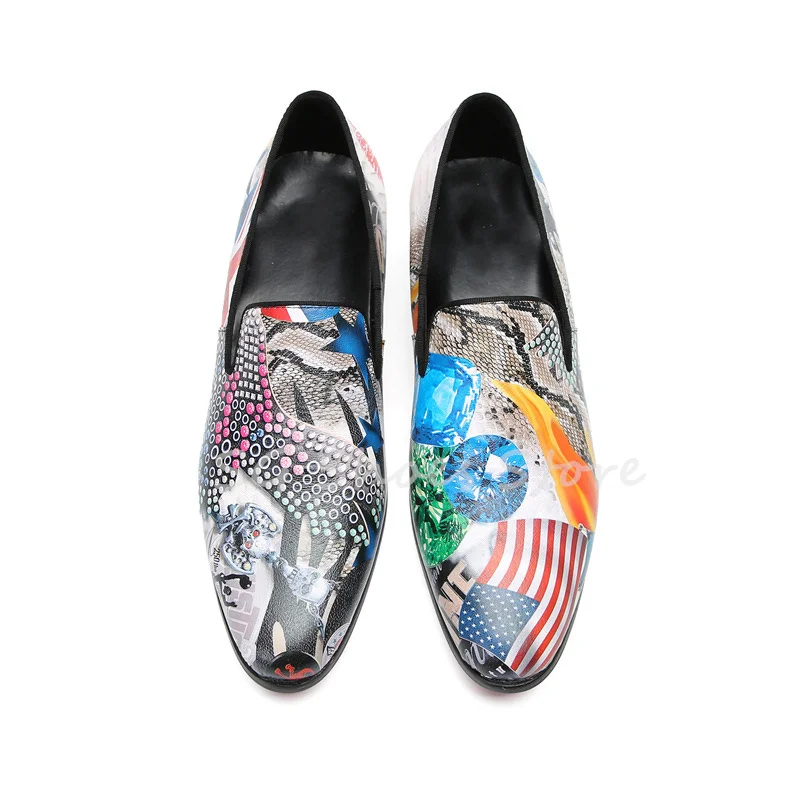 

Fashion Mixed Color Graffiti Prints Slip-On Causal Leather Shoes for Men Comfortable Sneaker Lazy Mules Shoes Male Dress Loafers