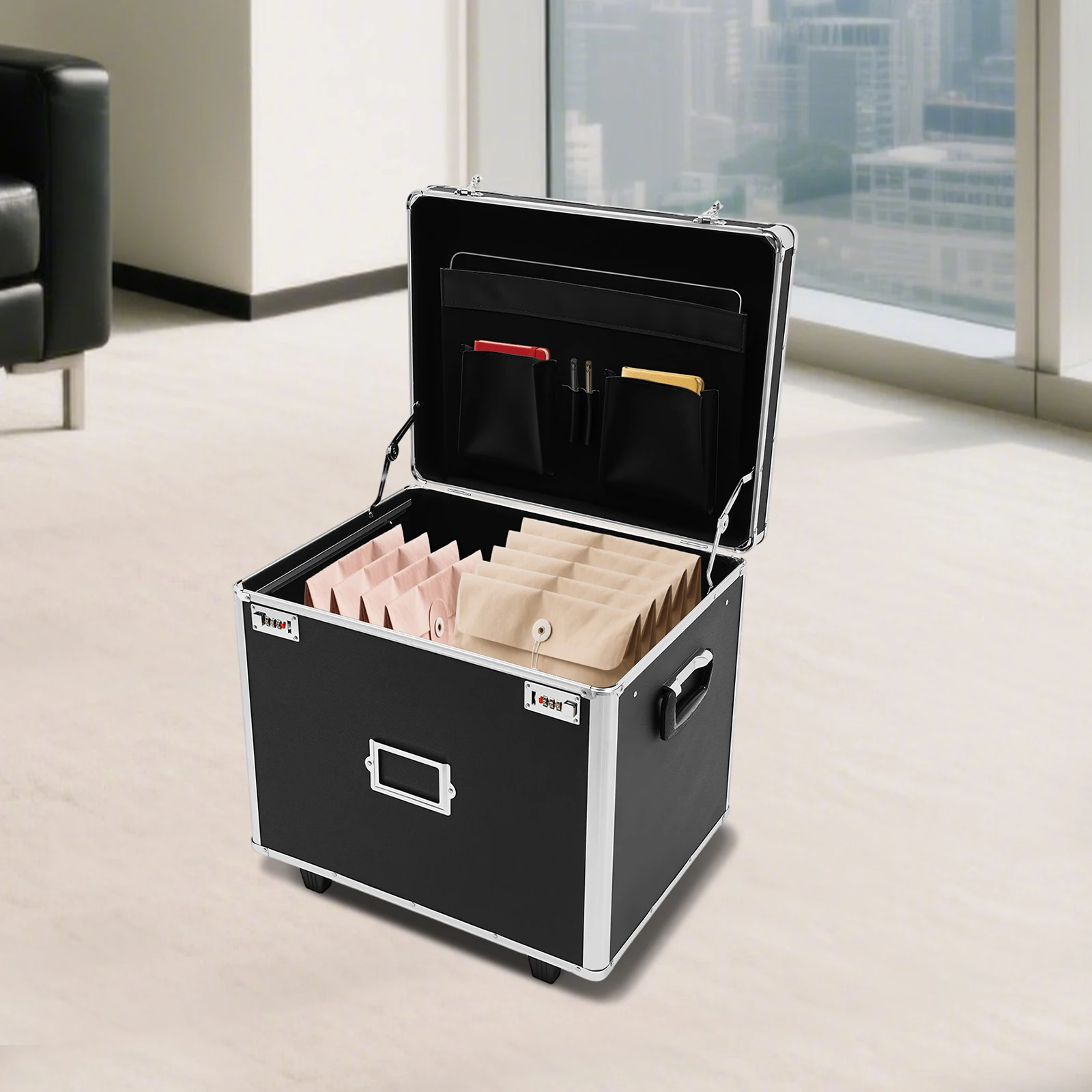 Black Aluminum Alloy 19.2x15x16 Inch Pull Rod File Lock Box Pulley Password Storage Briefcase