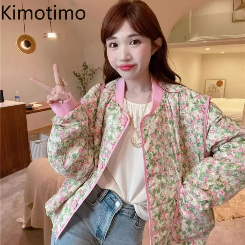 Kimotimo Floral Printed Parkas Jacket Women 2024 Autumn Winter Loose Warm Thick Short Quilted Coats Korean Fashion Sweet Tops