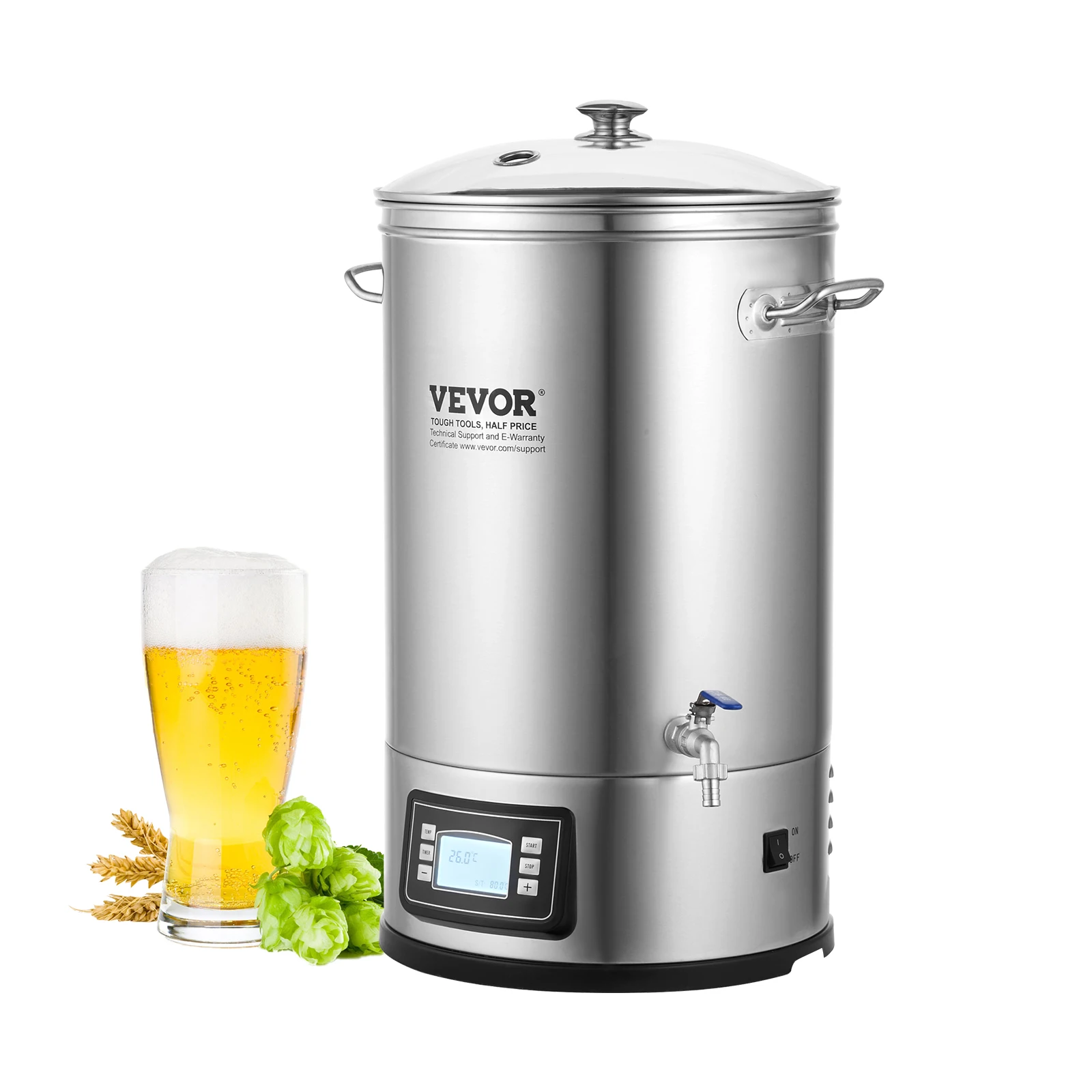 VEVOR Edelstahl Bierbrauanlage Wasserkocher 35 L, Wasserkocher zum Brauen, Heimbrauzubehör für Bier, Bierbraugerät Set inkl. Glasdeckel, Griff, Zapfhahn, Elektronische Bedienblende Gewerblich