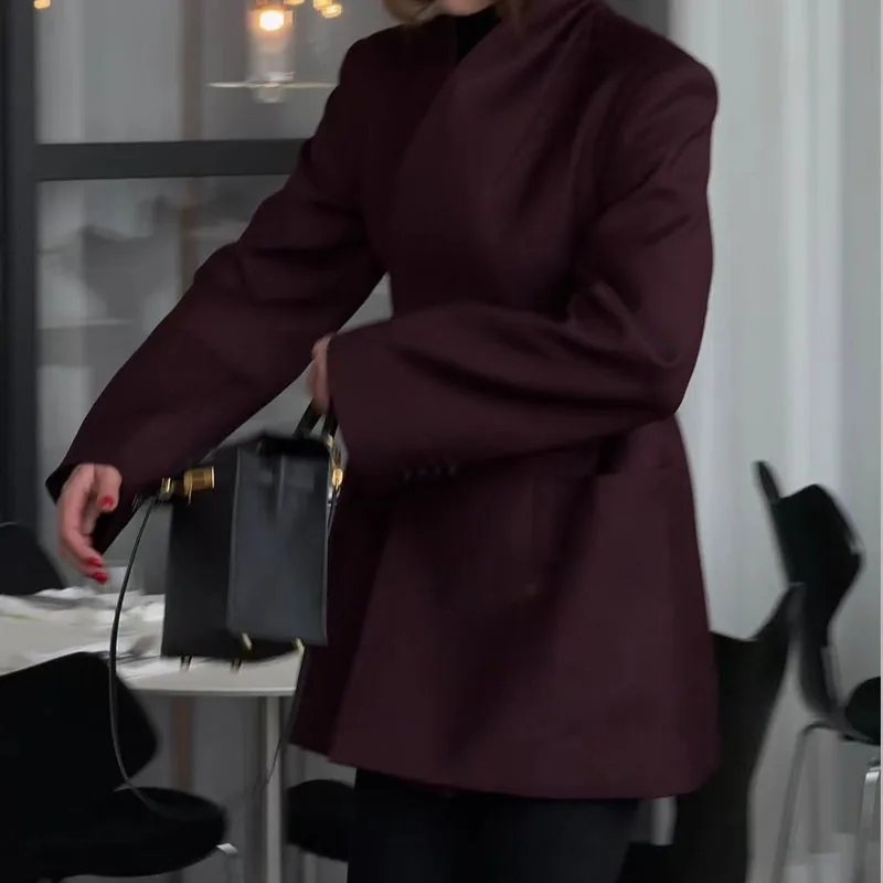 Women Fashion High Street Temperament Outerwear Casual Pocket Solid Color Jackets Elegant Stand Collar Long Sleeve Blazer Coats