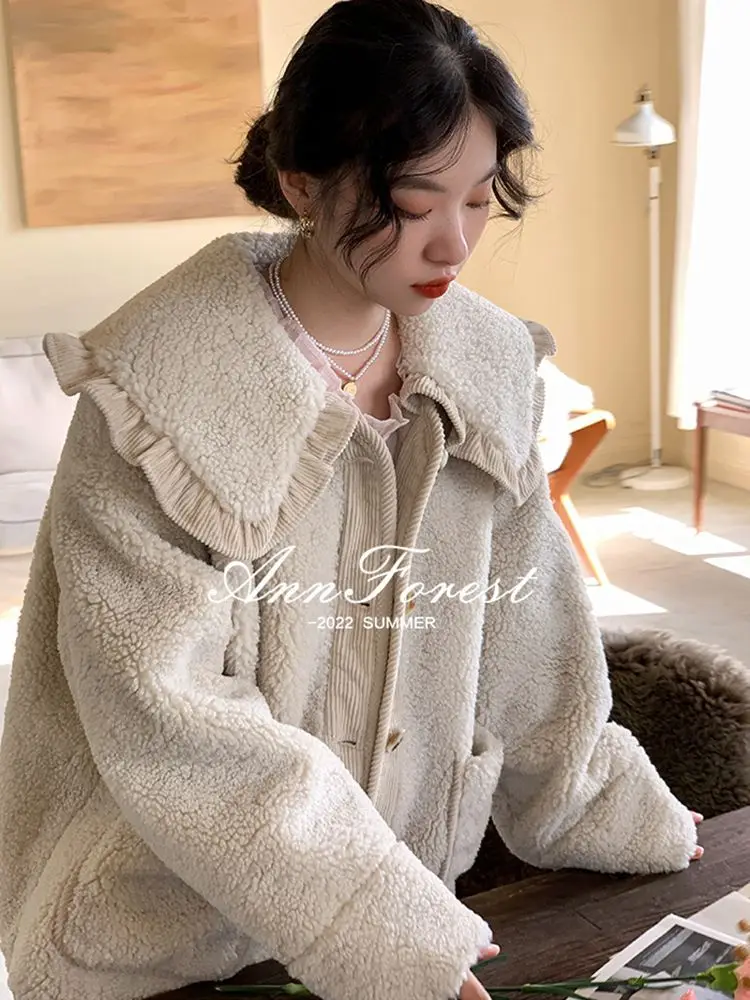 Loose Cute Lace Ruffled Collar Doll Plush Coat Wool  Jacket  Autumn Winter Lamb wool coat