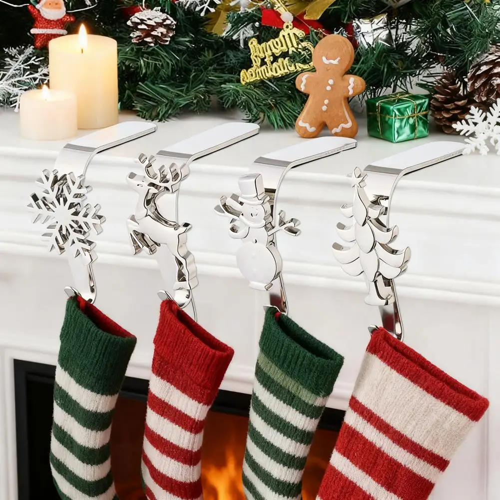 Christmas Mantel Hook Christmas Mantel Stocking Hooks Snowflake Reindeer Tree Santa Stocking Holders for Fireplace Decoration