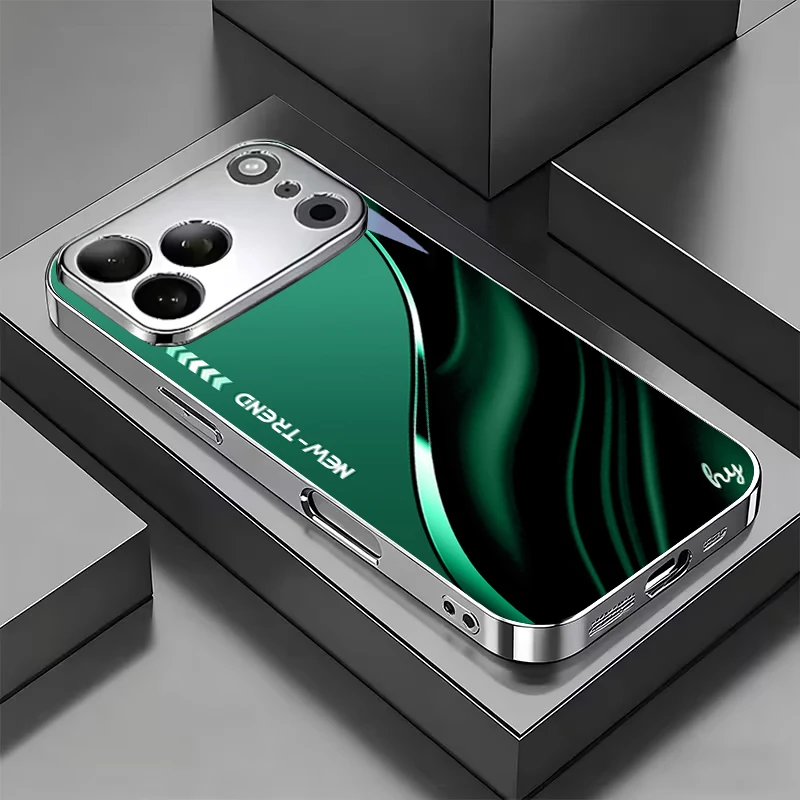 Funda para Teléfono Plateada con Diseño Abstracto de Fluido Verde y Negro para iPhone 17Air 17 16 15 14 13 12 11 Pro Max Plus 16E XR 7 8 X