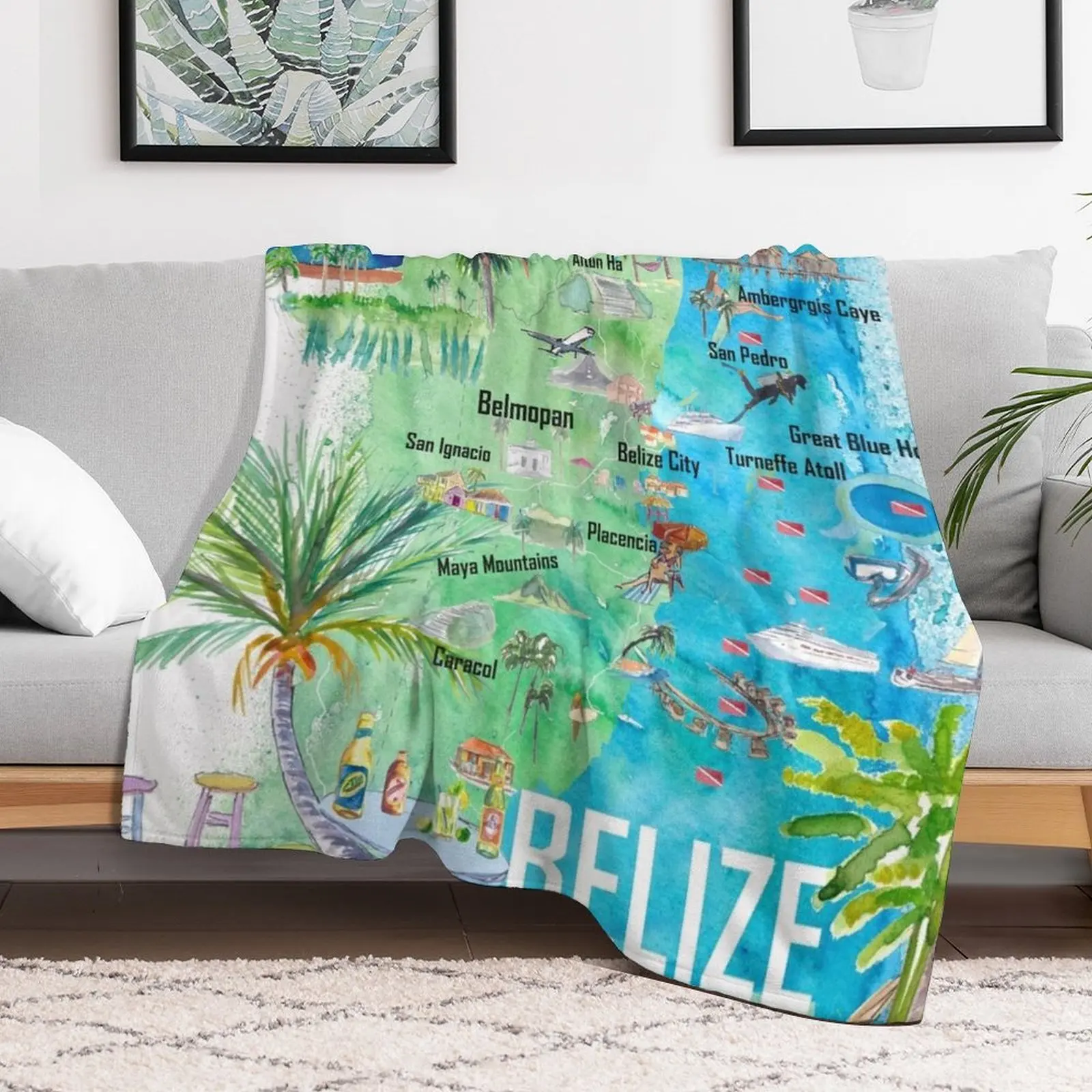 

Belize Caribbean Illustrated Travel Map with Roads and Tourist Highlights Throw Blanket anime Single decorative Blankets
