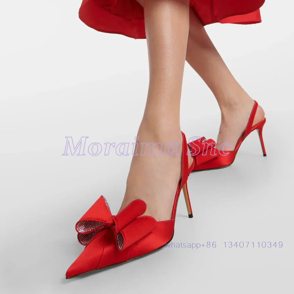 Crystal Bling Bow Detail Satin Pumps Pointed Toe Slingback Stiletto High Heels Women's Dress Shoes Summer Sandals Red Solid 2024