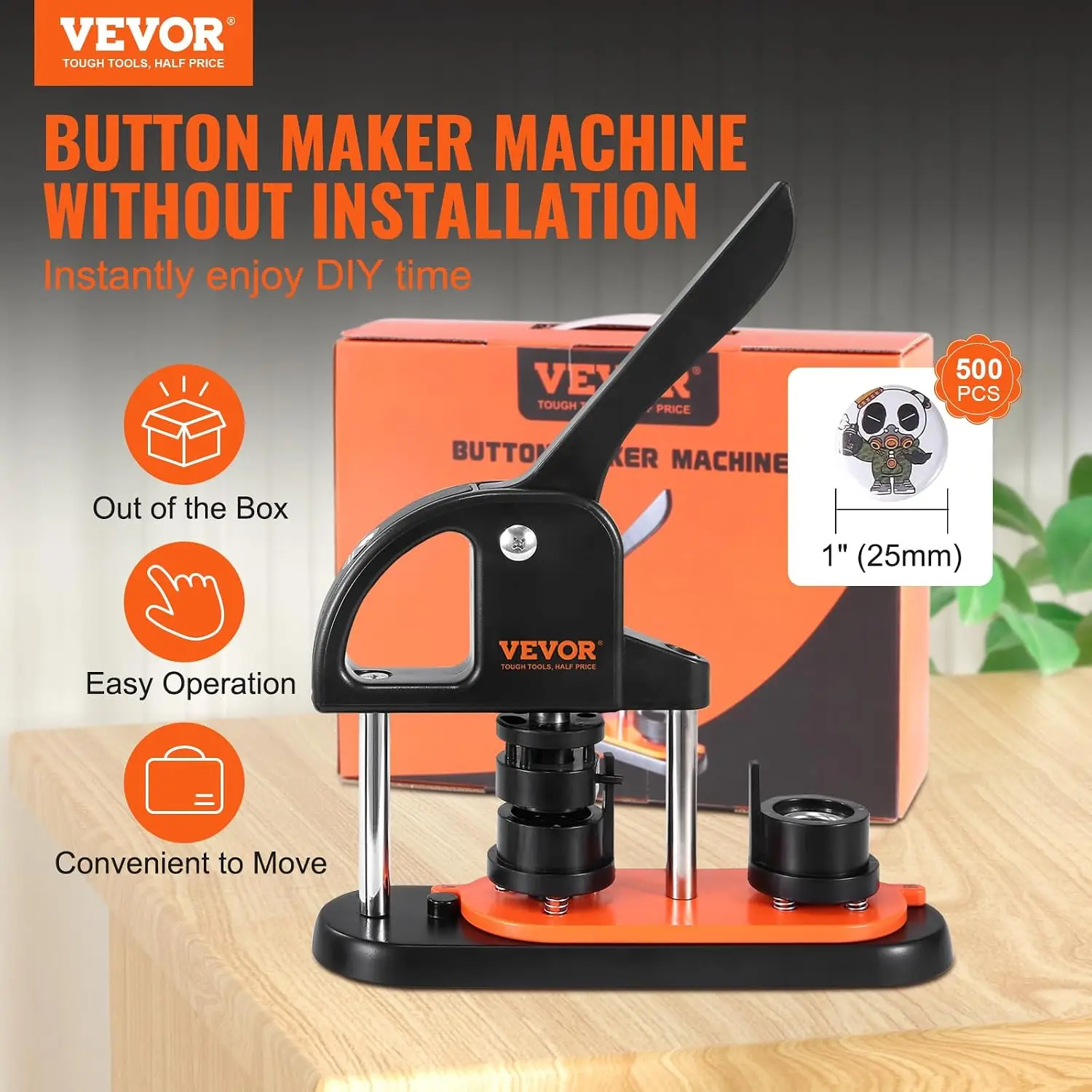 Button Maker Machine, 25mm/1 inch Button Maker with 500pcs Button Parts, Ergonomic Arc Handle Punch Press Kit, Pin Maker with Pa