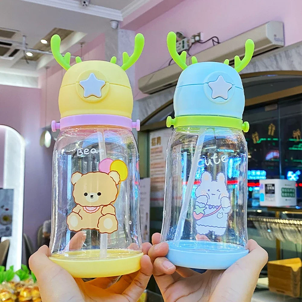 Kids Water Sippy Cup Antler Creative Cartoon Baby Cups with Straws Leakproof Water Bottles Outdoor Children\'s Cup