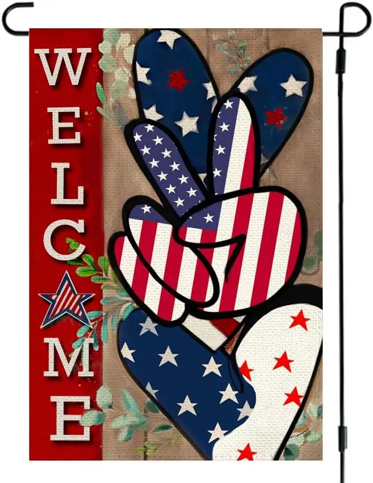 RABUSOFA 4th of July Garden Flag 12x18 Inch Double Sided for Outside, Welcome Patriotic American Stars Love Heart V Hand Gesture