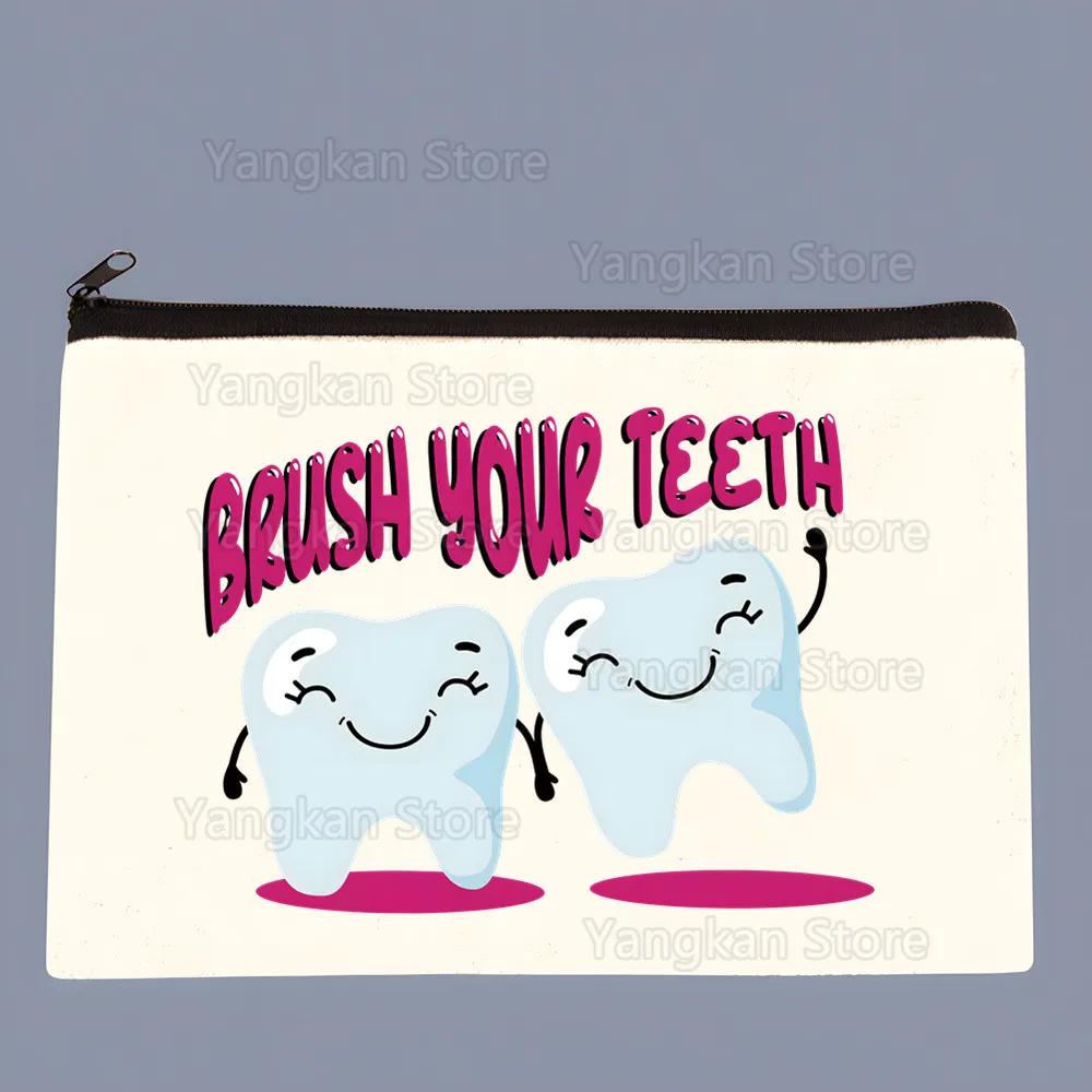 Teeth Brushing Canvas Makeup Bag Portable Travel Cosmetic Bag with Zipper Lightweight Female Coin Pouch Women Fashion Girls