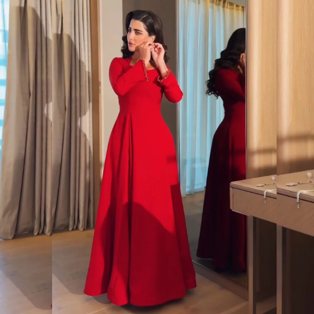 

Customized High Quality Evening Dress Long Sleeves Glitter Square Neck A-line Long Dresses Bespoke Occasion Grace Party Gown