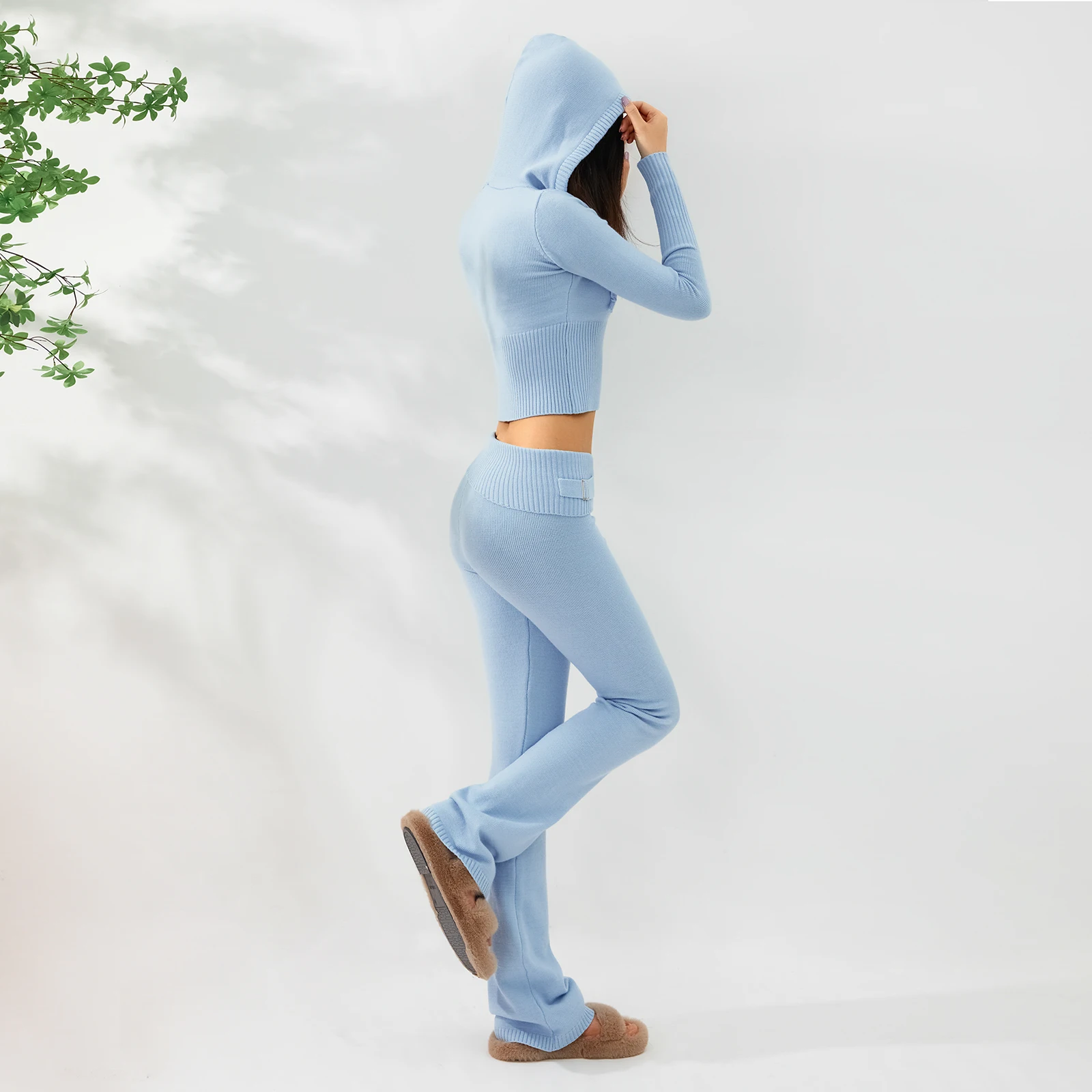 Y2k donna 2 pezzi Set lavorato a maglia completi tinta unita manica lunga Zipper-Up Slim Fit con cappuccio Crop top e pantaloni lunghi a vita alta