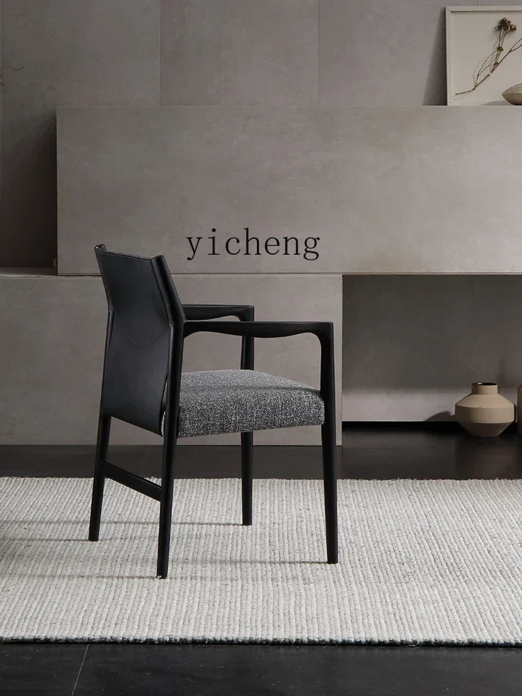 YY Dining Chair Minimalist Saddle Leather Solid Wooden Handrail Armchair New