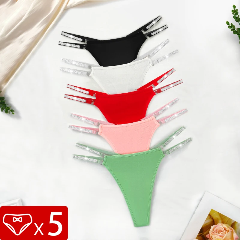 5pcs/Set Women G-string Low Waist Sexy Panties Female Thongs Comfortable Breathable Solid Two Shiny Belts Intimate Lingerie Set