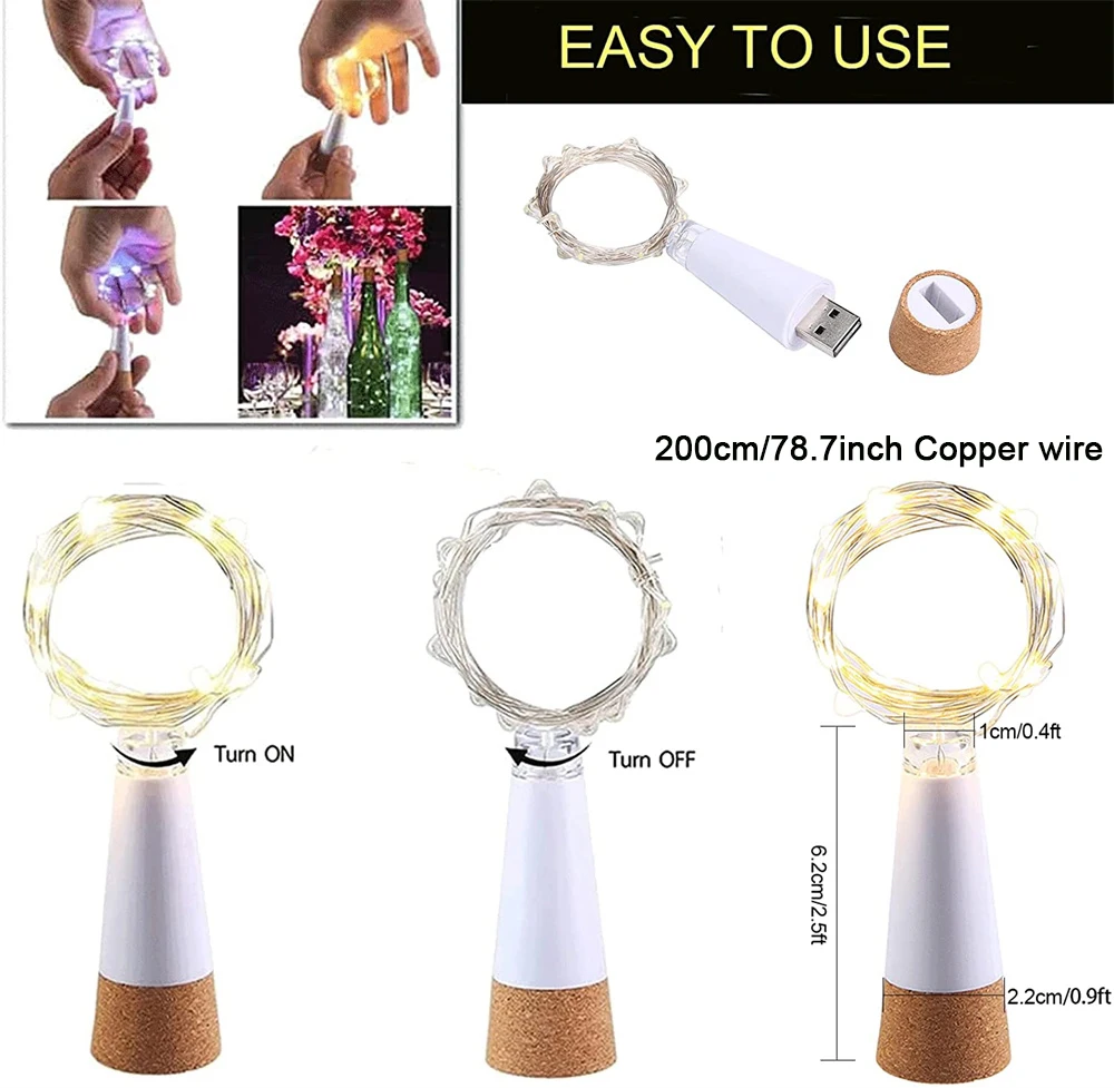 5-pack 2m Cork Bottle Fairy Lights USB Rechargeable Christmas Garland String Lights for Bedroom Room Home Wedding Party Decor