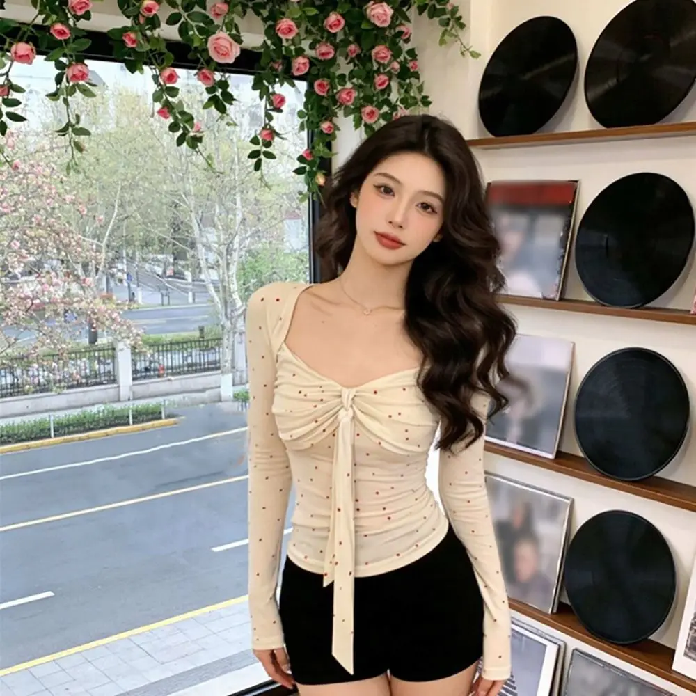 

Fashion Polka Dot Long Sleeve Shirts Bowknot Square Collar Bowknot Shirt Breathable Thin Long Sleeve top Women