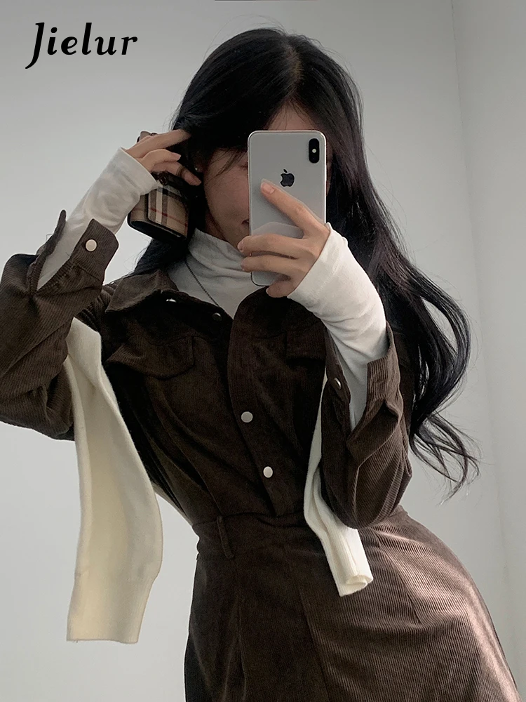 Jielur Spring New Solid Color Slim Woman Dress Sweet Elegant Ladies Women Dress Black Khaki Dark Coffee Fashion Street Dresses