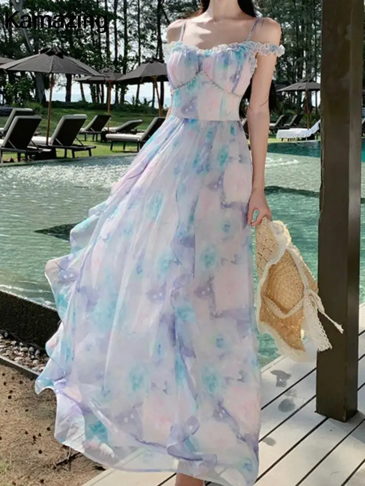 Spring Summer Women Floral Dress Sleeveless Casual A-Line Beach Holiday Clothes Female Elegant Ruffler Spaghetti Strap Vestidos