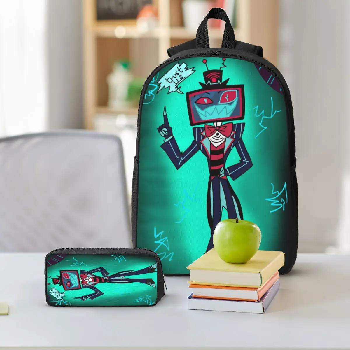 Hazbines Hoteles Alastor Vox 2 حقيبة ظهر للأطفال صندوق غداء صناديق أقلام رصاص للبنين والبنات حقائب ظهر مدرسية مجموعة حقائب الكتب #6
