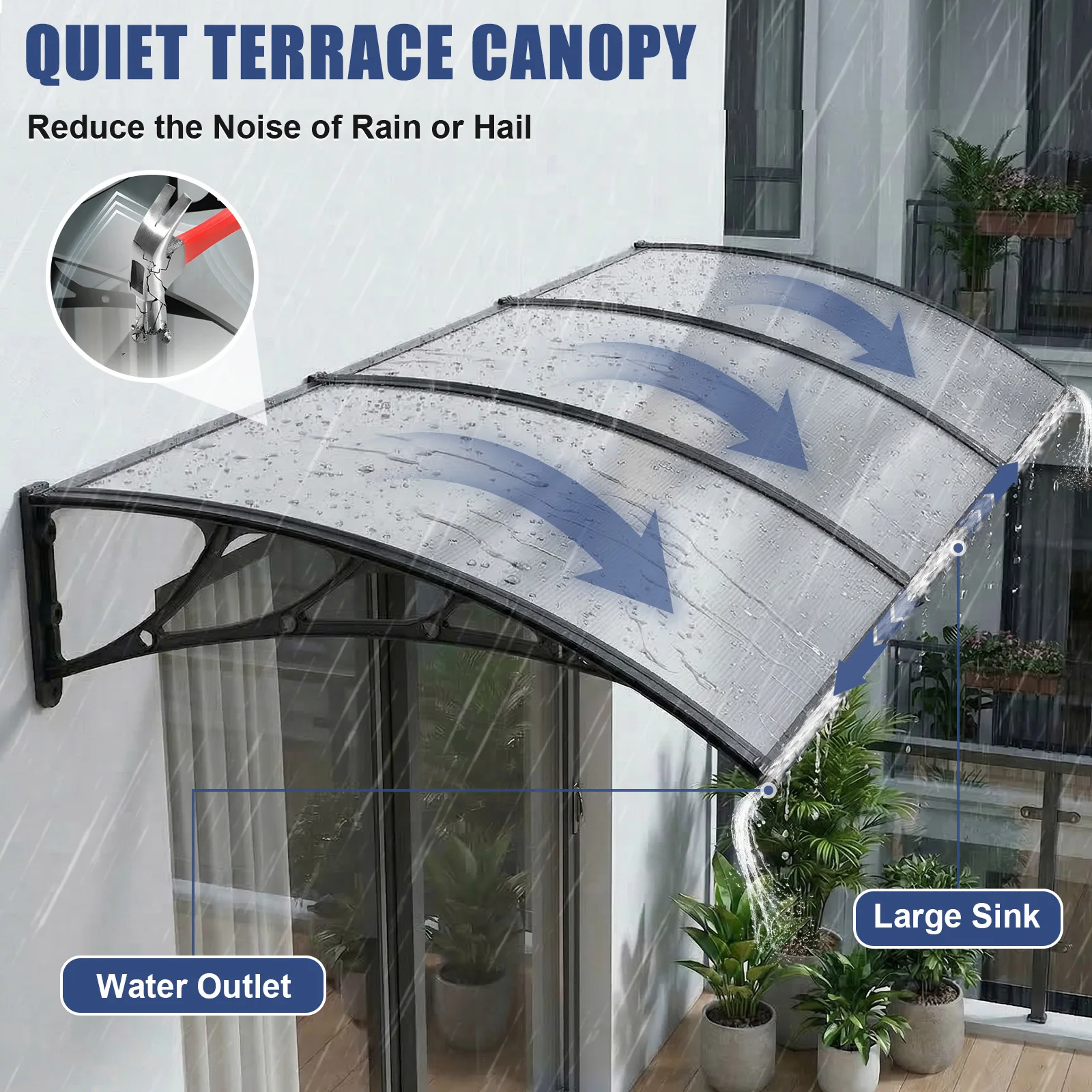 

Porch Awning 118.11x39.37in with Separate Drainage with Black Bracket UV Rain and Snow Protection for Porch Patios Windows Deck