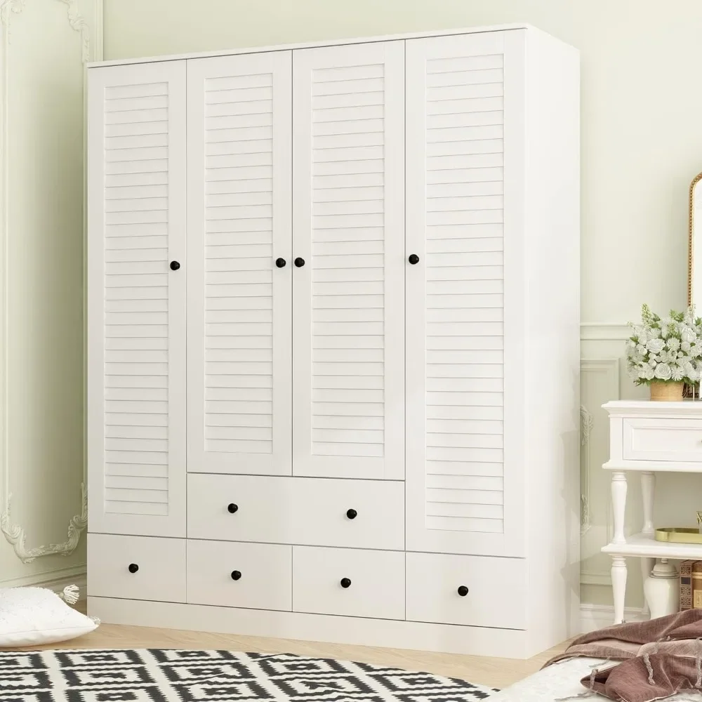 

Large Wardrobe Armoire with Multi-Tier Shelves,5 Drawers,Hanging Rod & 4 Louver Doors, Wooden Closet Storage for Bedroom, White