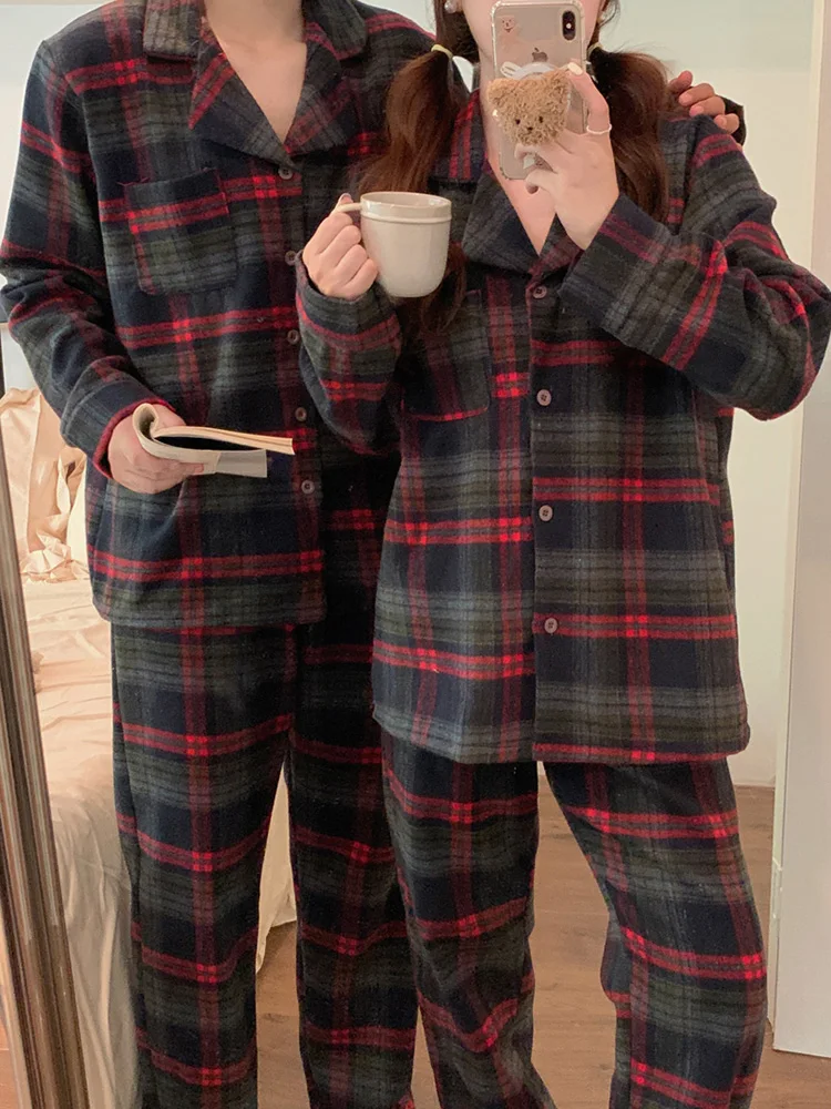 New 2colors Christmas Lovers Simple Plaid Thicken Stripe Couple Long Sleeve Pajama Set Women Loose Winter Vintage Sleepwear Ins