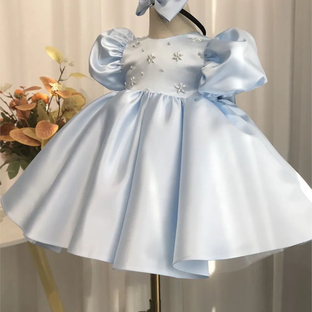 Cute and stylish blue satin princess dress fluffy evening dress baby's birthday summer