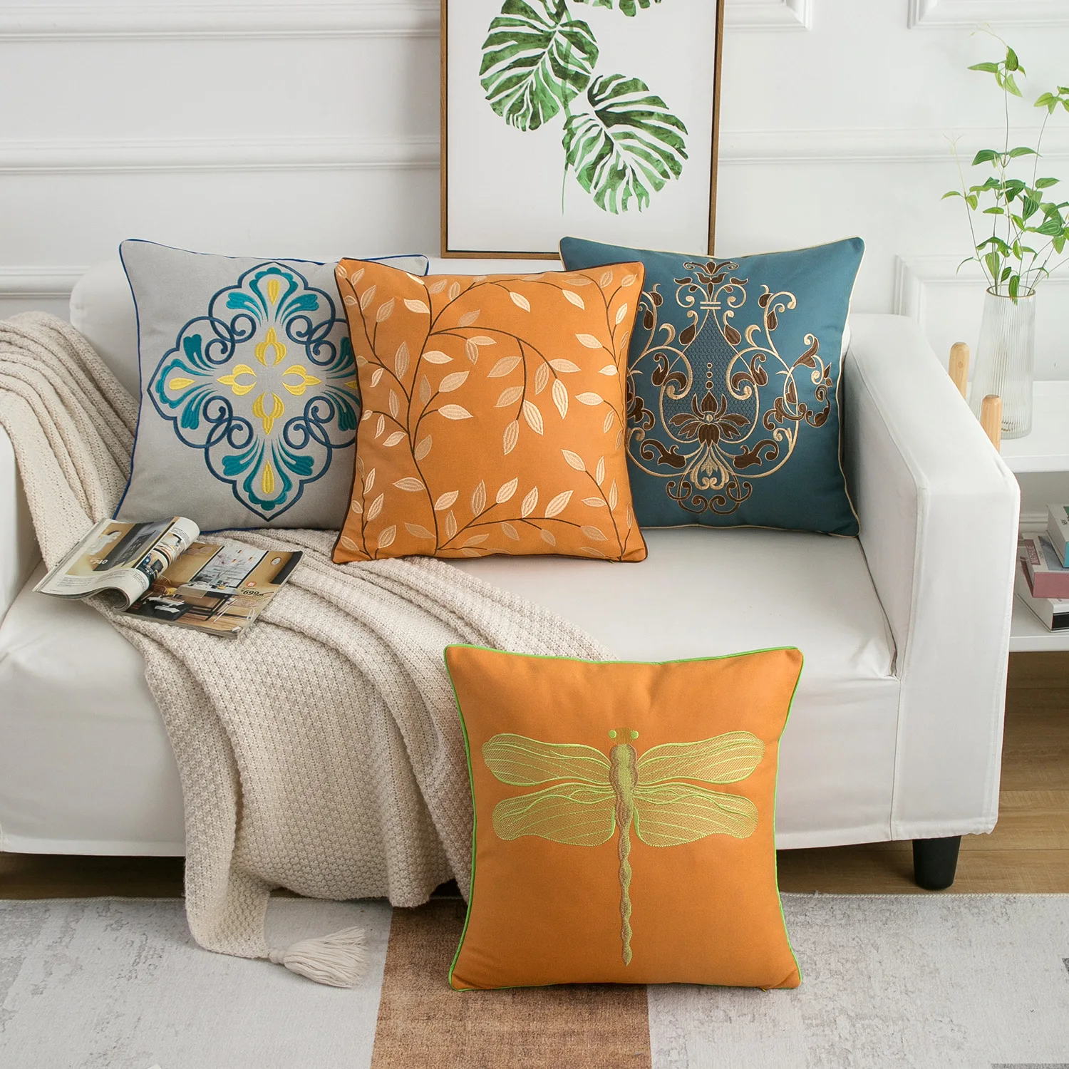 Orange Embroidery Pillowcase Without Core Square Northern European Style Sofa Pillow Pad Living Room Leaning