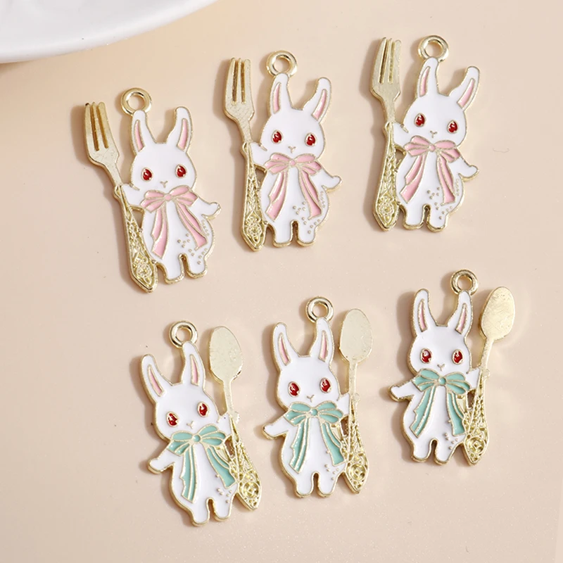 Leslie 10pcs 16*32mm Cartoon Enamel Mini Rabbit Charms for Jewelry DIY Spoon fork Charms Pendants Necklaces Earrings Accessories