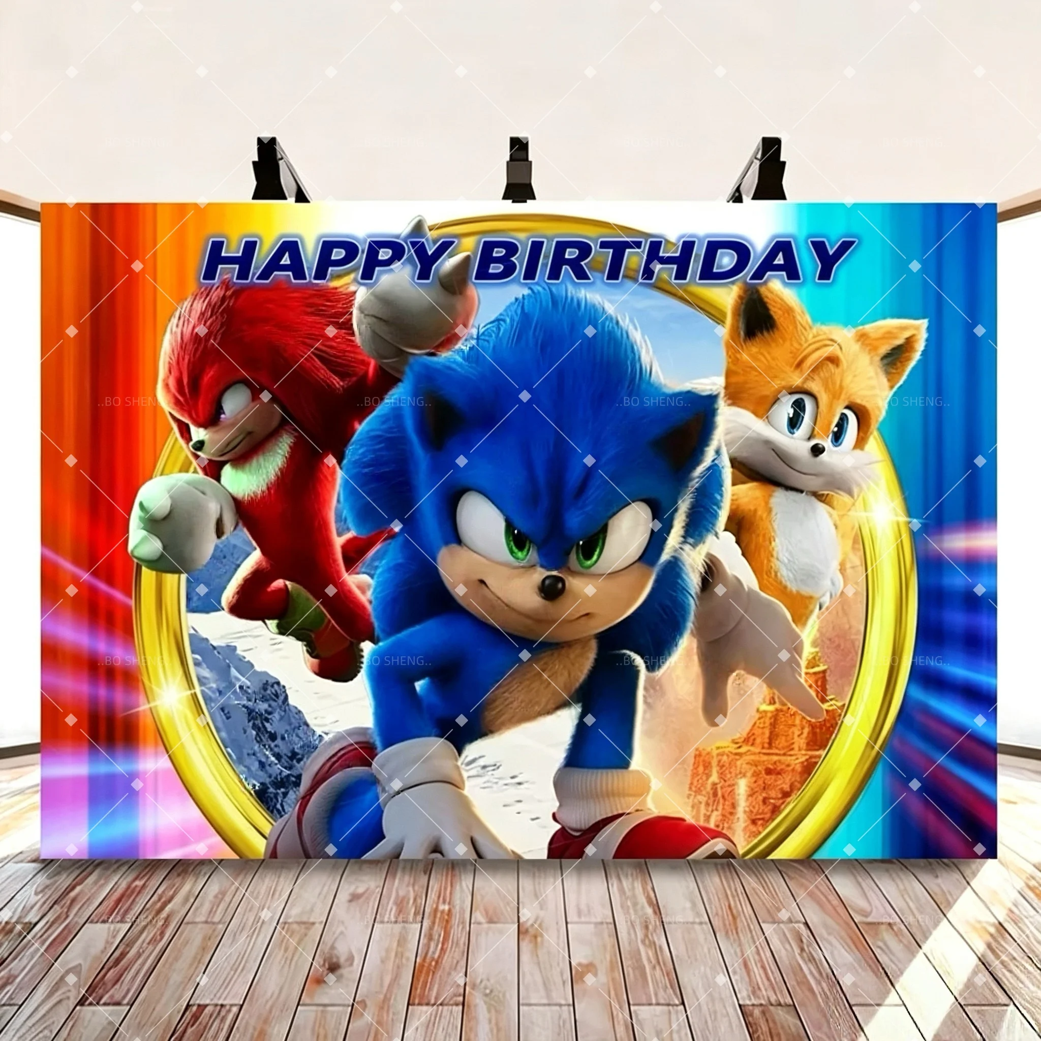 Blue Hedgehog Photography Backdrop Children's Birthday Party Custom Name Boy Favors Decor Wall Photo Backdrop Banner Booth Props view 5