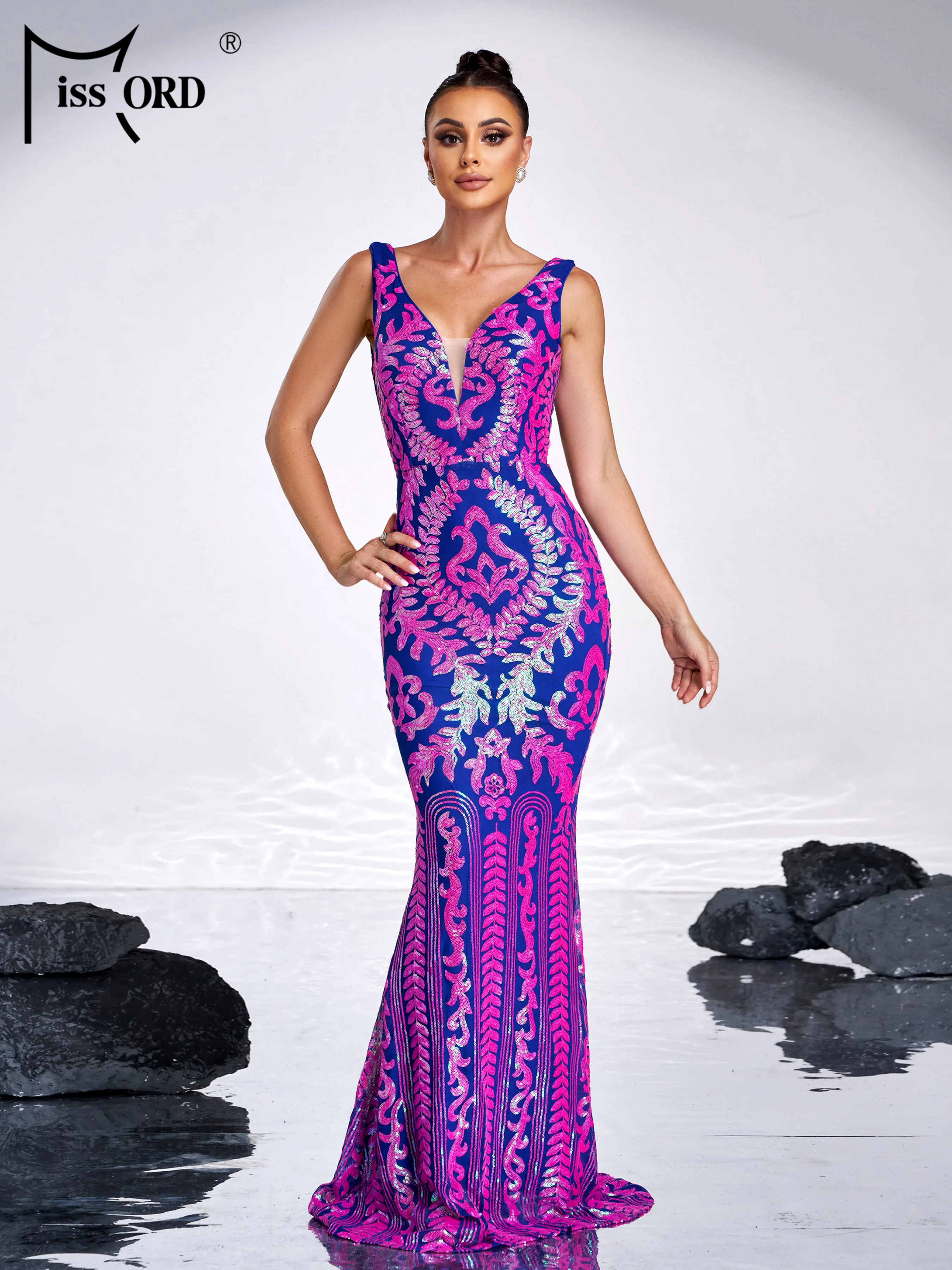 Missord V Neck Chic Elegant Beautiful Geometric Sequin Mermaid Evening Cocktail Wedding Birthday Party High Quality Luxury Dress