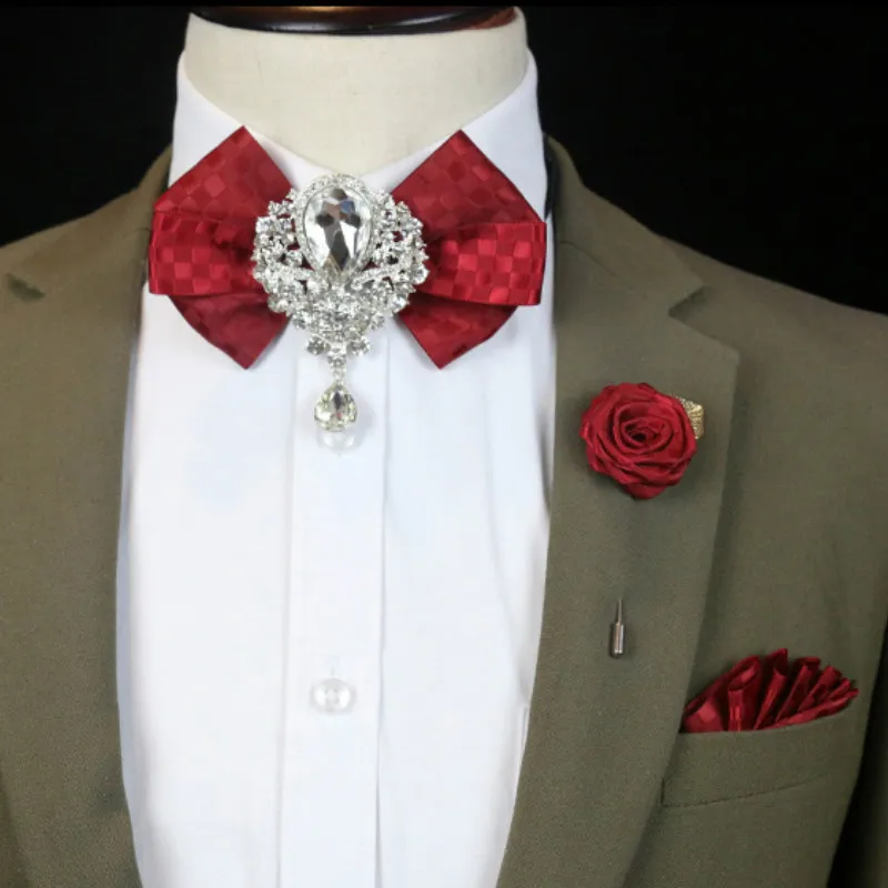 Männer Hochzeit Strass Fliege Brosche koreanische britische Geschäft formelle Kleidung Hemd Kragen Blumen Brosche Tasche Handtuch 3 stücke-Sets – Detail 4