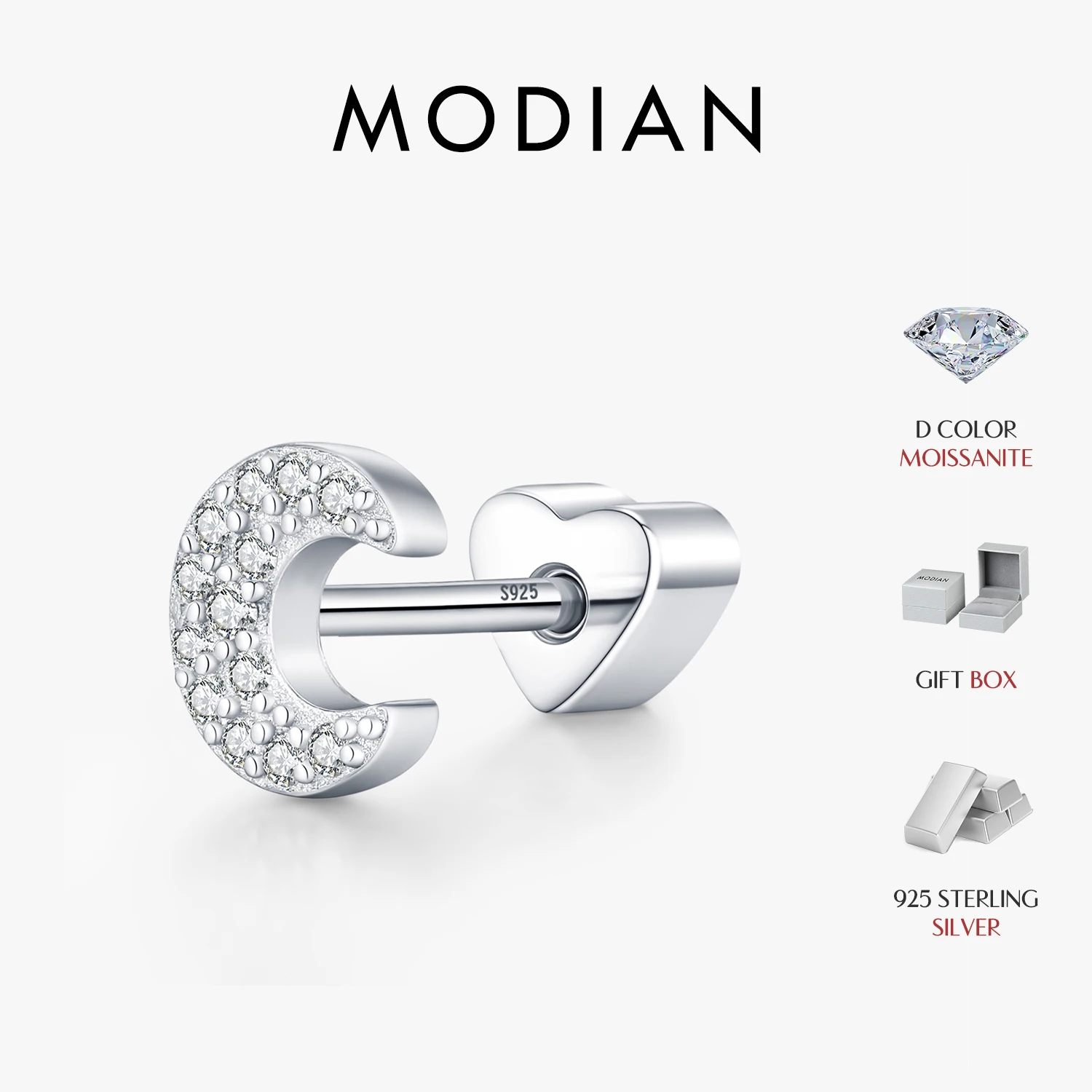 

MODIAN D Color Moissanite 925 Sterling Sliver Delicate Small Moon Heart Screw Stud Earrings For Women Fine Jewelry