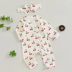 0 to 18 Months Baby Girl Ruffles Romper Spring Autumn Clothes Cherry Print Zipper Long Sleeve Jumpsuits and Cute Headband