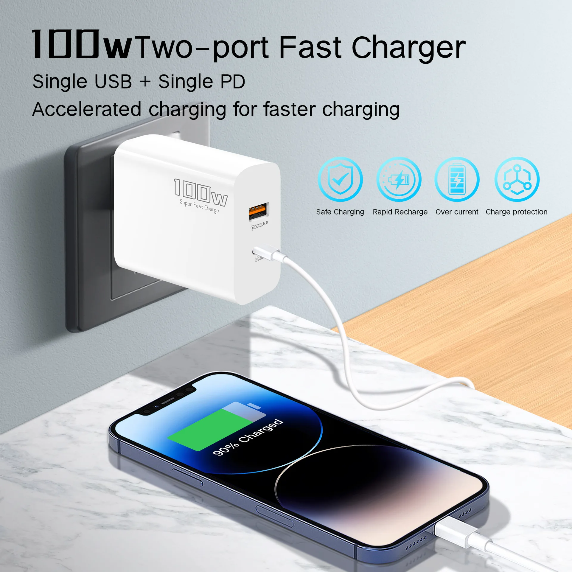 100W Fast Charging PD25W QC3.0 USB C Phone Charger EU/UK/US Power Adapter for Huawei Samsung iPhone Xiaomi Tablet Quick Charge