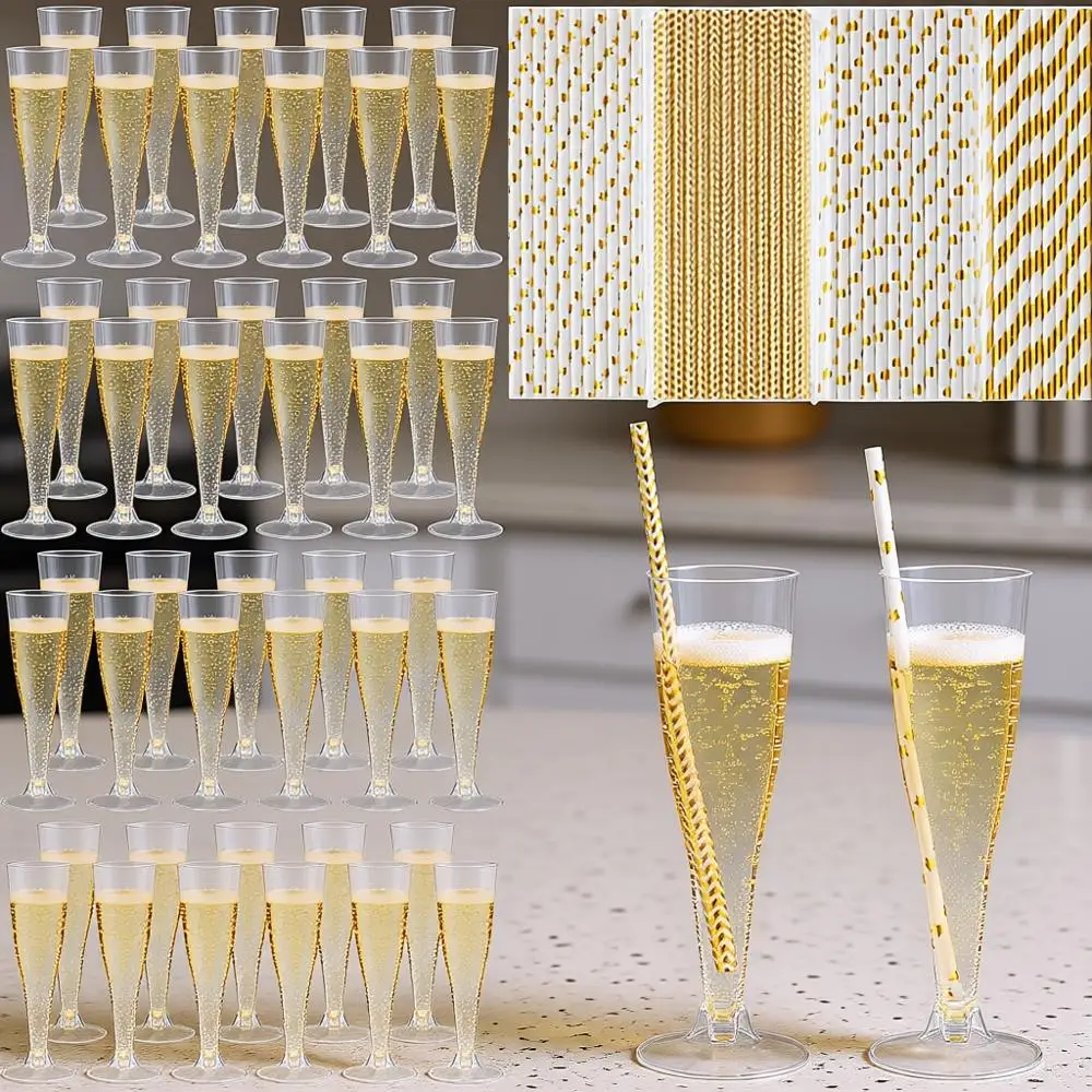 

200 Pcs 4.5 oz Clear Disposable Champagne Toasting Glass with Gold Paper Sts for Mimosa Cocktail, Party Supplies
